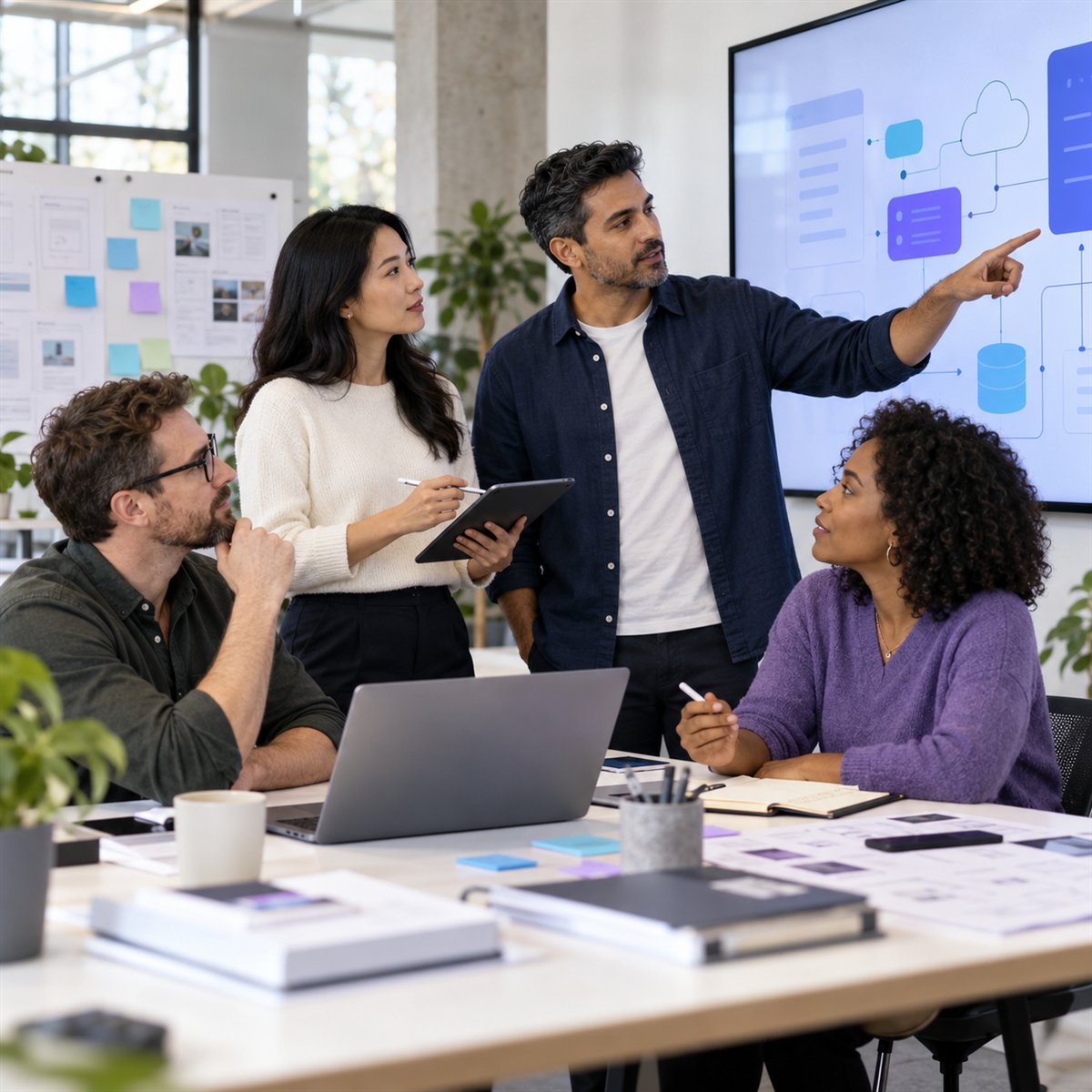 A multidisciplinary product team reviewing software architecture together