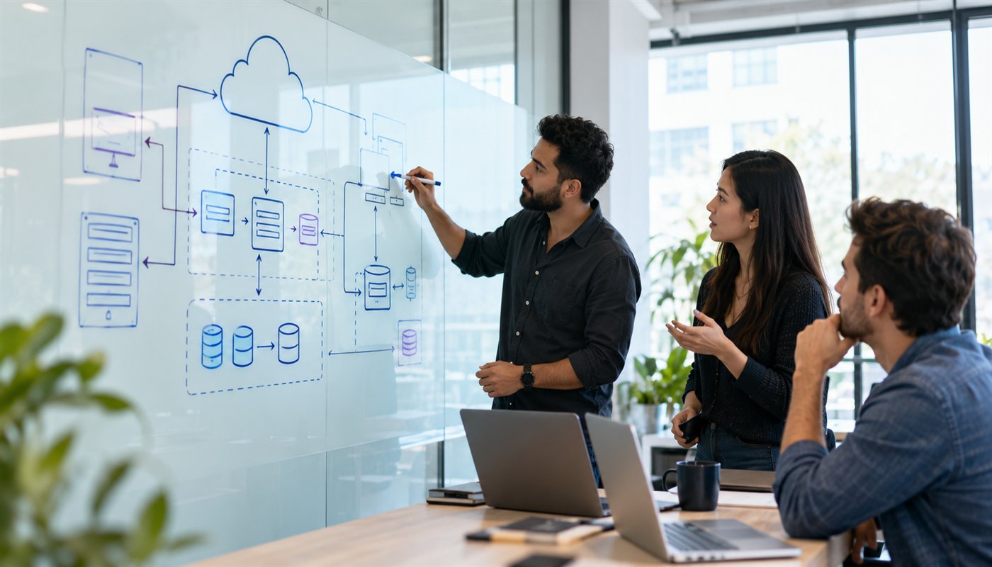 Cloud architecture team planning application, data and deployment flows on a glass board