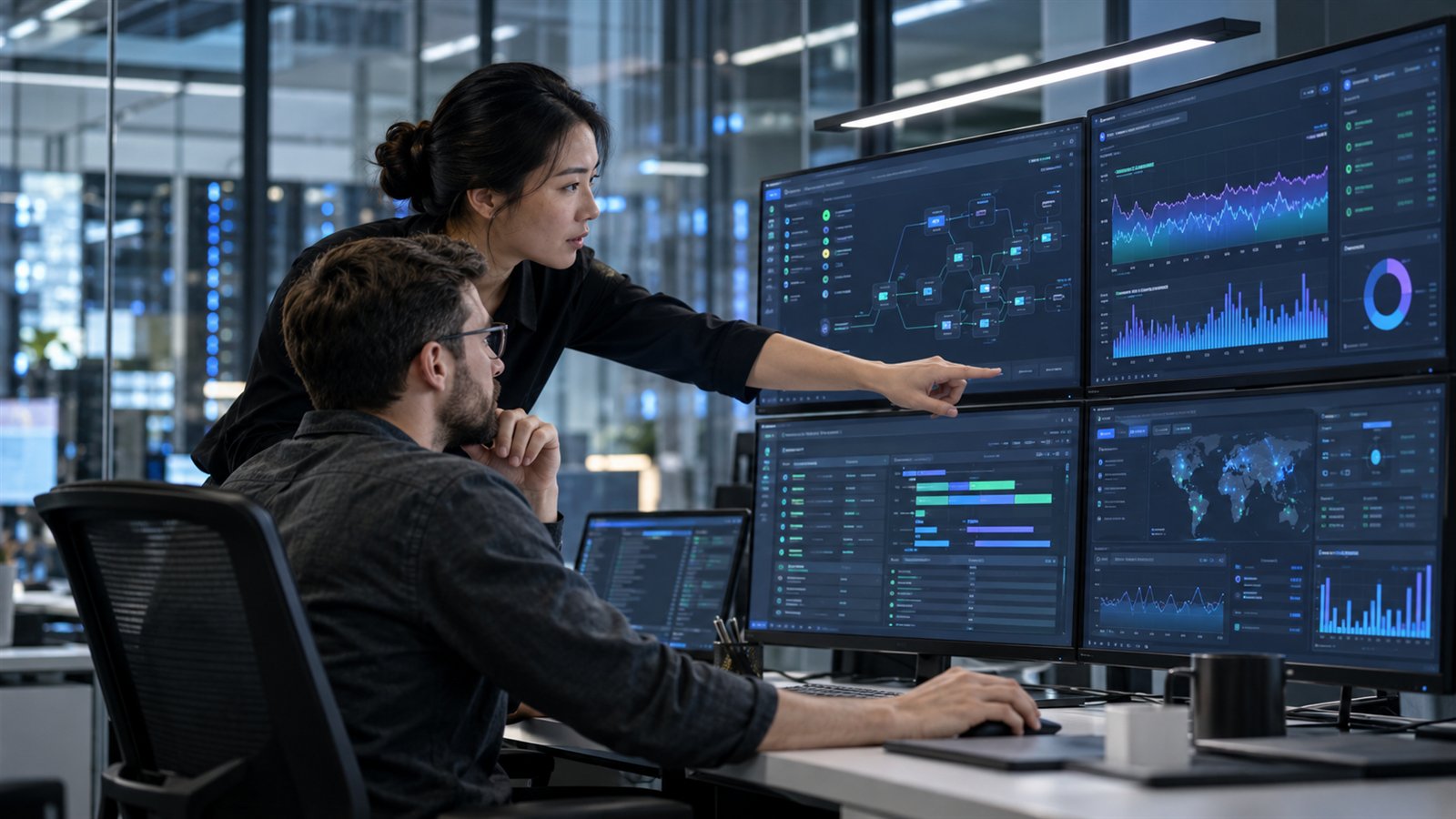 Cloud platform engineers reviewing service health and deployment dashboards