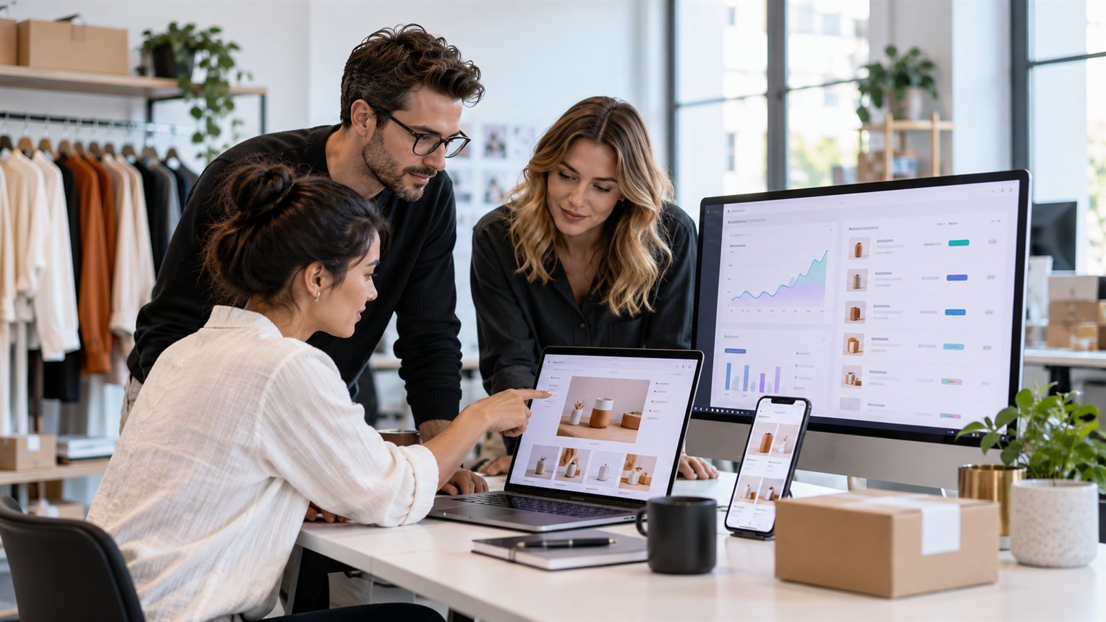 E-commerce product and operations team reviewing storefront and order performance