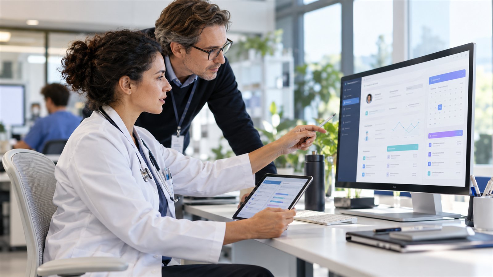 Clinician and product specialist reviewing a secure digital care platform