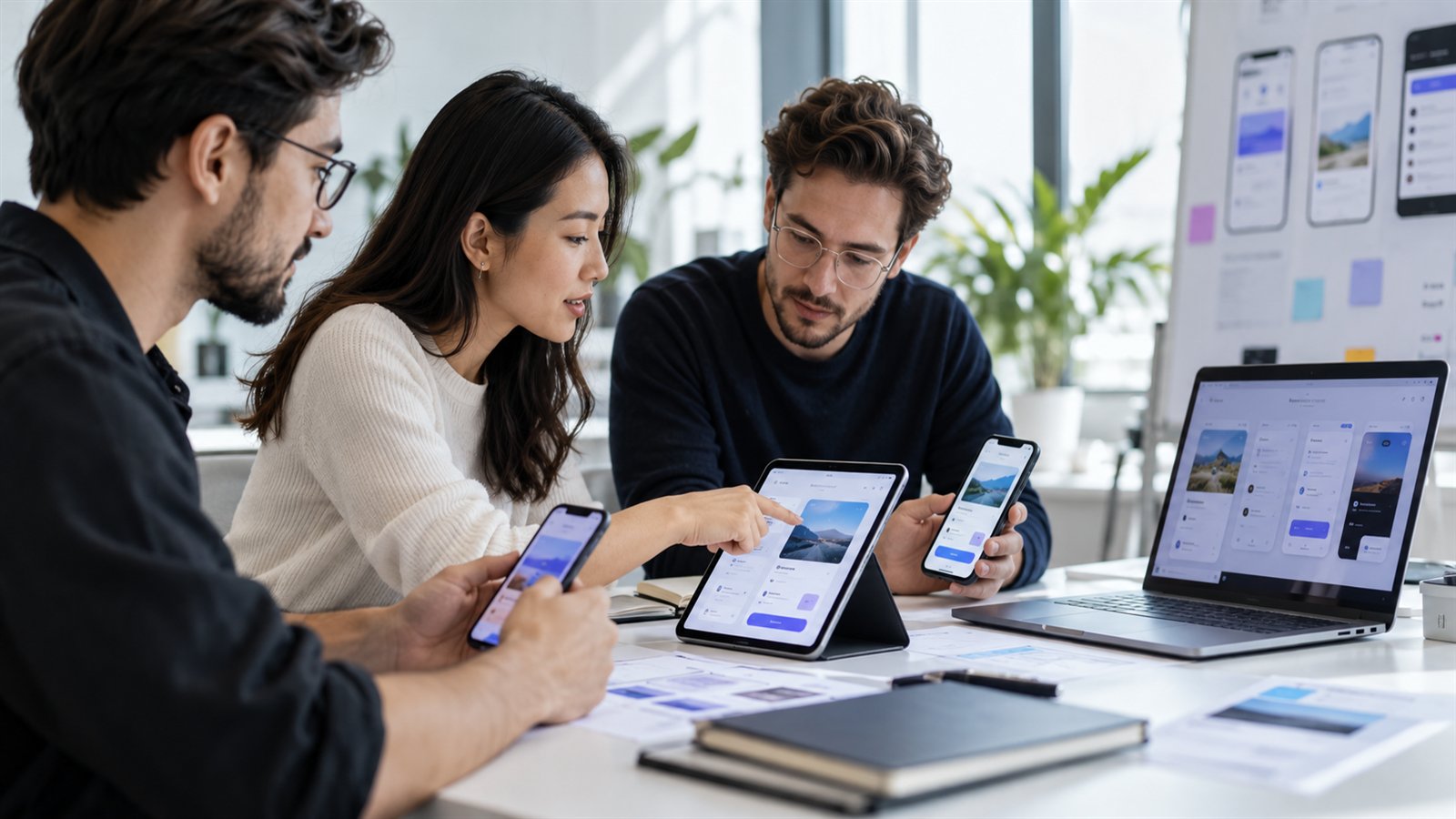 Mobile product team testing an application across phones, tablet and laptop