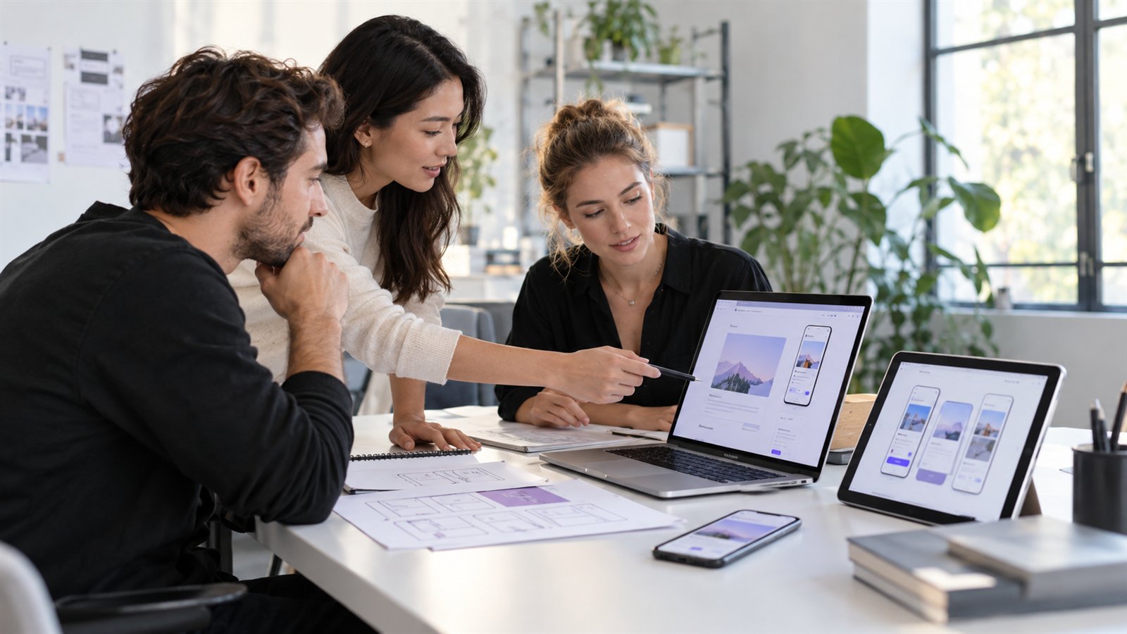 Product team validating an MVP across laptop, tablet and mobile prototypes
