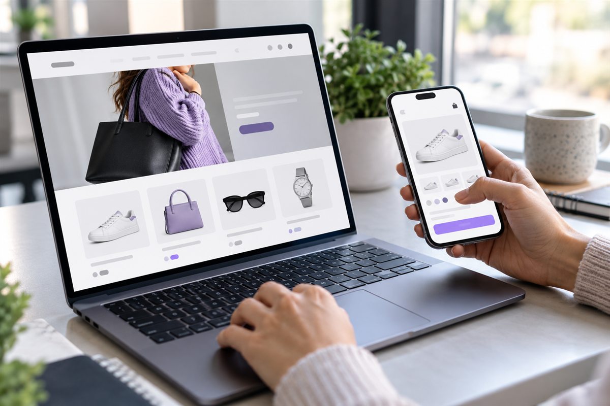 E-commerce storefront displayed on laptop and smartphone