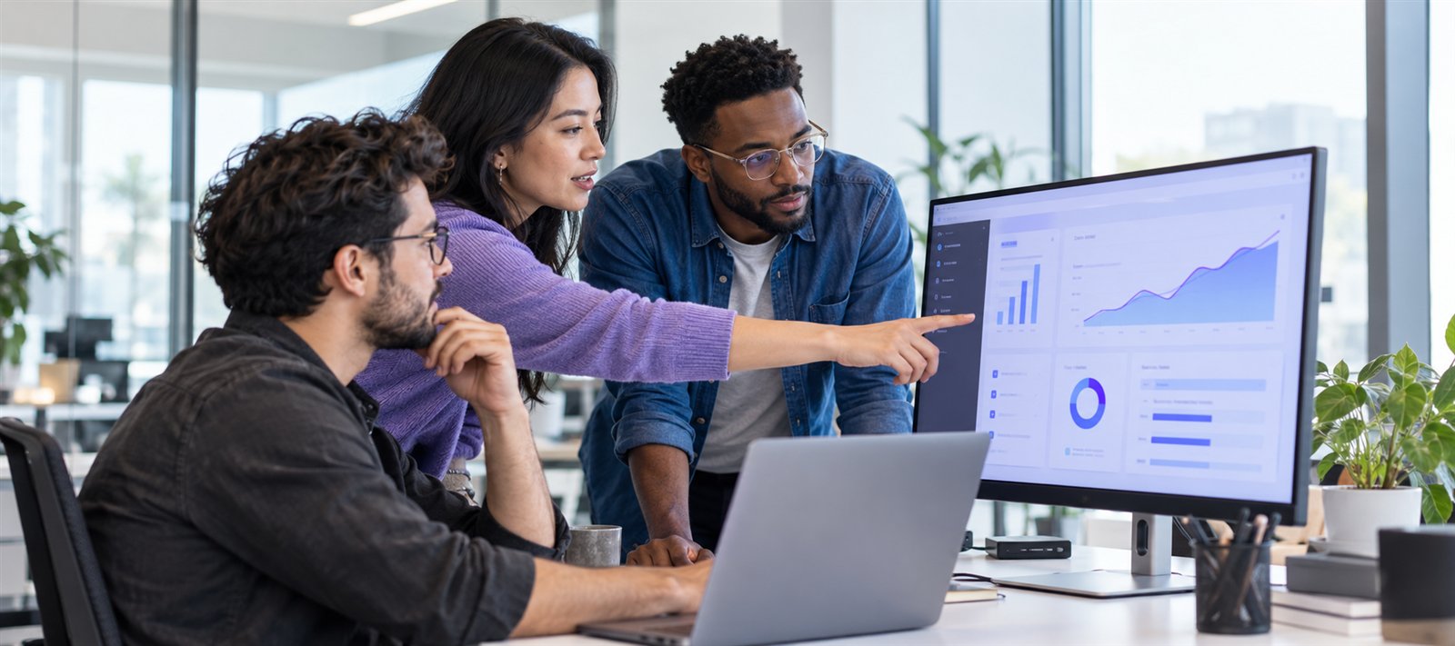 Software product team reviewing a web analytics platform together