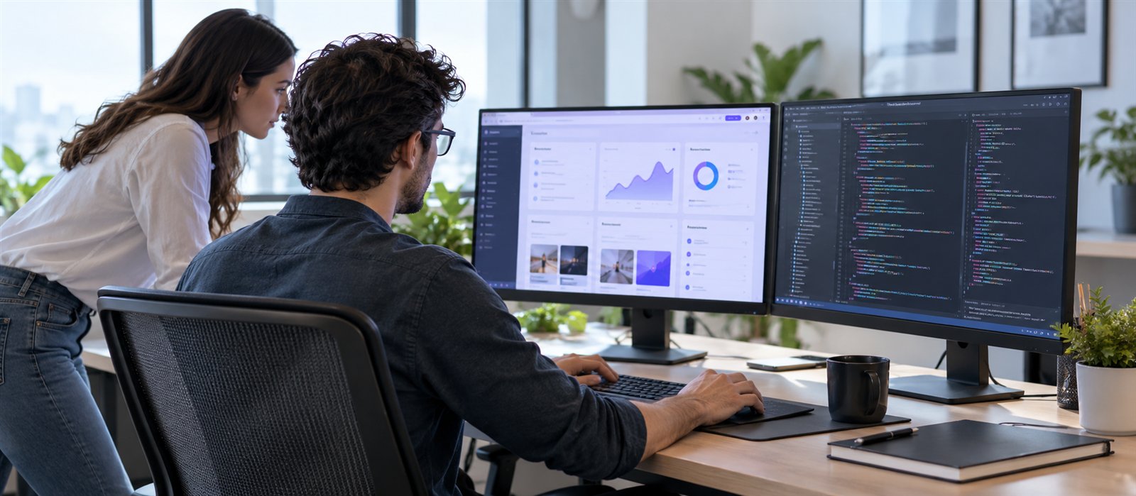 Software engineers reviewing a web application and source code